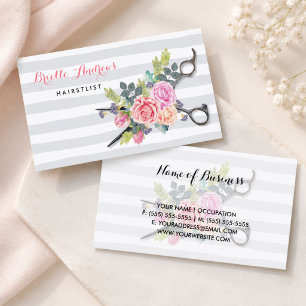 Cartão De Visita Tesouras de Prata Chic Hairstylist Stripes e Rosas