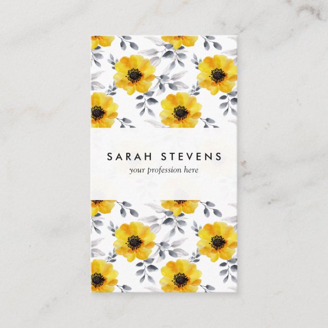 Cartão De Visita Teste padrão de flores amarelo feminino na moda (Frente)