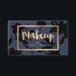 Cartão De Visita Texto Dourado Floral Preto Makeup Artista Azul<br><div class="desc">Esta elegante modelo de cartão de designer apresenta um tratamento de texto manuscrito para "Makeup" seguido do seu nome ou nome comercial para uma bela identidade de marca nesta cartão de visita para artistas de maquiagem. Criado num falso efeito metálico de folha de ouro com um padrão floral escuro, azul-da-meia-noite...</div>