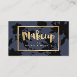 Cartão De Visita Texto Dourado Floral Preto Makeup Artista Azul