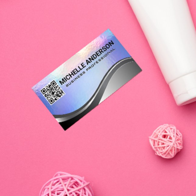 Cartão De Visita Textura de folha de Pastel | Metálico | Código QR (Criador carregado)