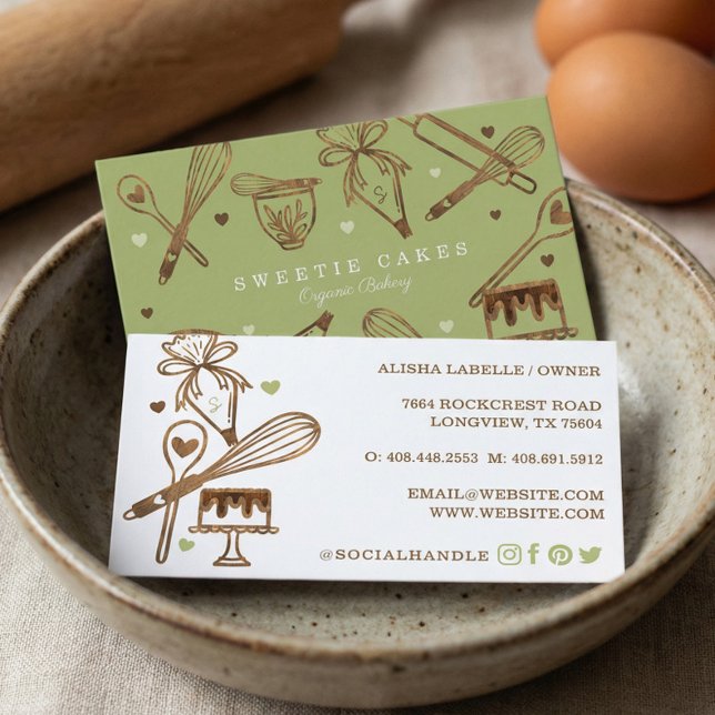 Cartão De Visita Textura de madeira de solo e Cozinhar (Baking & Cooking Utensil Woodgrain Texture & Green Business Card)