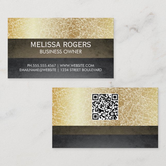 Cartão De Visita Textura Dourada | Blocos de cores | Código QR (Frente/Verso)