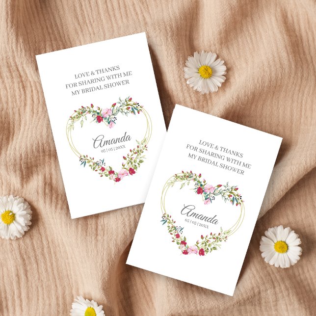 Cartão De Visita Thank Floral Heart for Bridal Shower Name & Quote (Criador carregado)