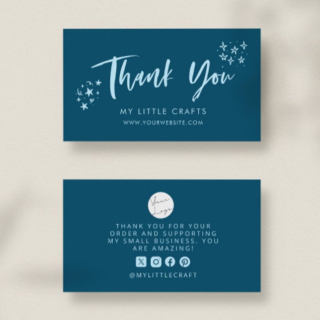 Cartão De Visita Thank You Doodle Stars Teal Small Business  (Criador carregado)