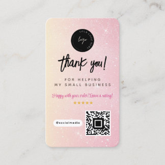 Cartão De Visita Thank You Social Media QR Code & Logo Pink Glitter