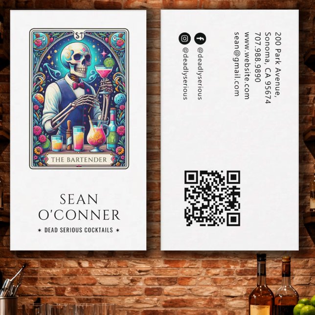 Cartão De Visita The Bartender Tarot Skeleton QR (Criador carregado)