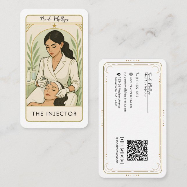Cartão De Visita The Injector Med Spa Skin Tarot Social Media QR (Frente/Verso)