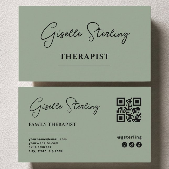 Cartão De Visita Therapist Psychologist Sage Green QR Code (Criador carregado)