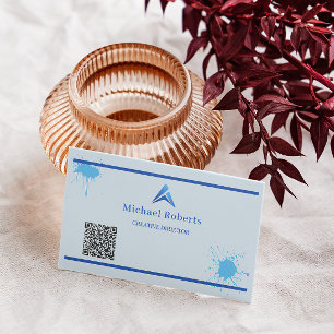 Cartão De Visita Tinta Azul Moderna com Salpico Criativo e Código Q