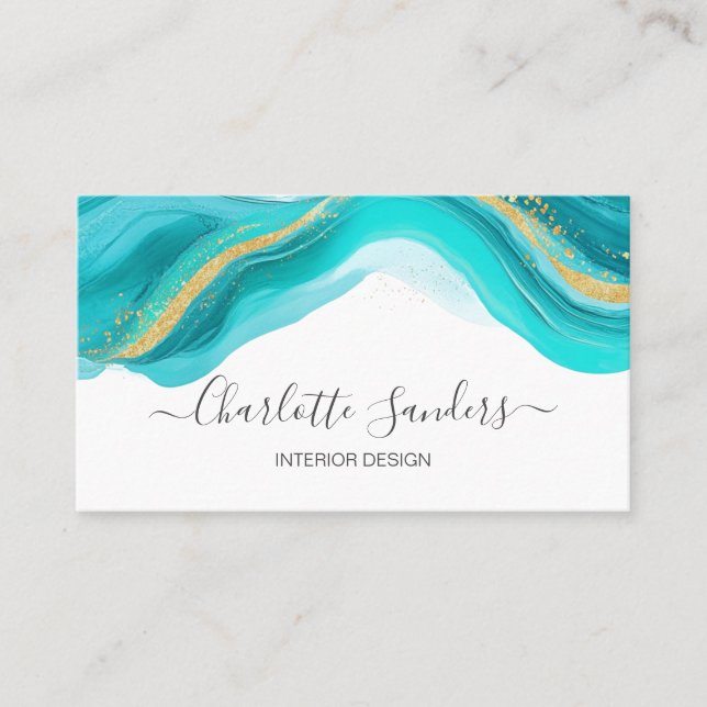Cartão De Visita Tinta de Arte Líquida Líquida Teal e Dourada (Frente)