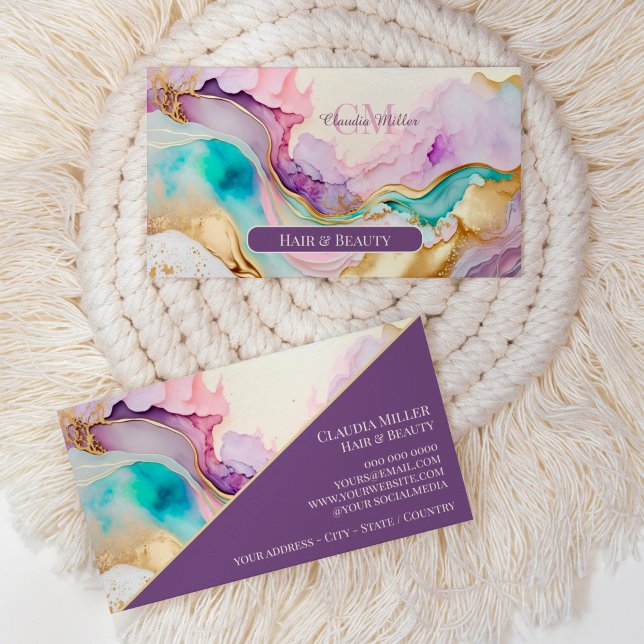 Cartão De Visita Tinta Líquida do Mármaco Monograma Elegante (feminine agate sparkle elegant business card)