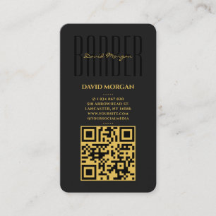 Cartão De Visita Tipografia de Barbeiro Preto e Dourado Código Qr