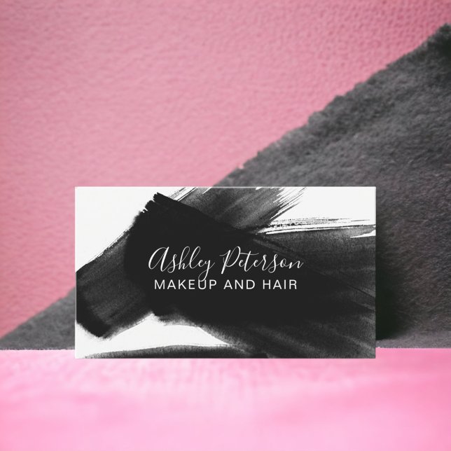 Cartão De Visita Tipografia de cabelos brancos pretos (Black white brushstroke hair makeup typography business card)