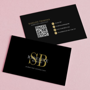 Cartão De Visita Tipografia Elegante Monograma Código QR Dourado pr