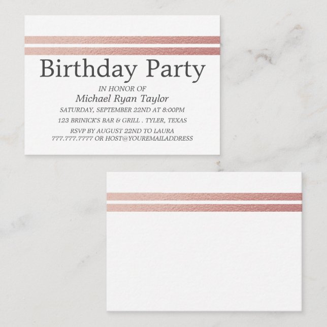 Cartão De Visita Tíquete de Festa de aniversário rosa Gold Foil Str (Frente/Verso)