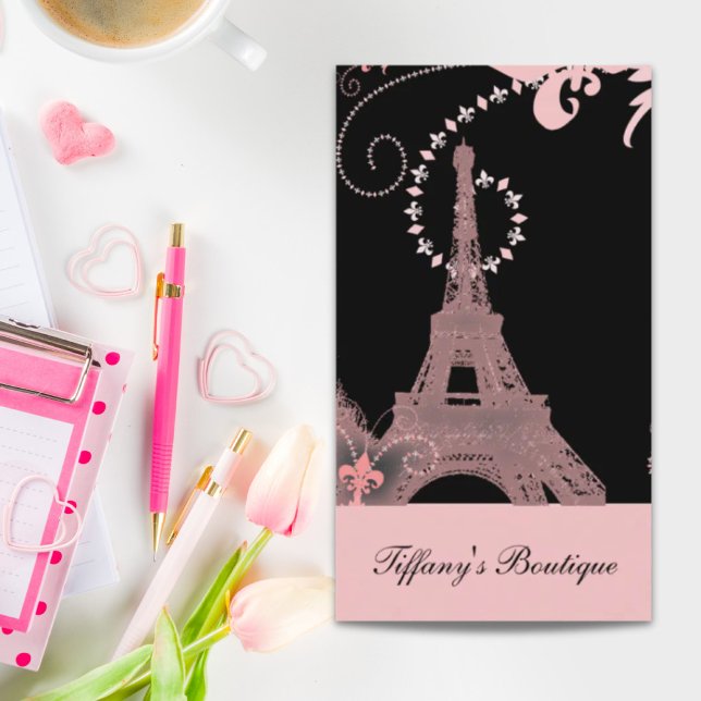 Cartão De Visita torre de eiffel preto-e-rosa-cinza (girly chic black and pink paris eiffel tower business card)