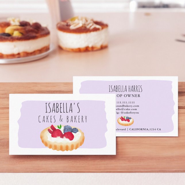 Cartão De Visita Torta de aquarela branca faz pastelaria roxa (Cute watercolor pie cakes bakery script purple business card)