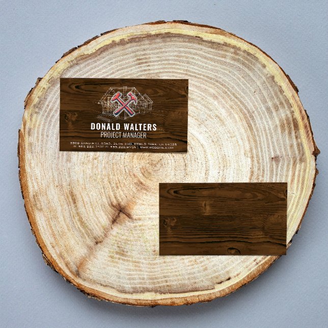 Cartão De Visita Trabalhador de Construção | Fundo da Madeira | Esq (Criador carregado)