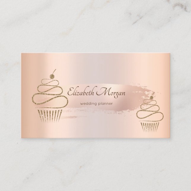 Cartão De Visita Traço de pincel Dourado Elegante, Cupcakes Dourado (Frente)
