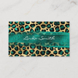 Cartão De Visita Traço de Pincel Leopardo Verde Turquesa e Dourado 