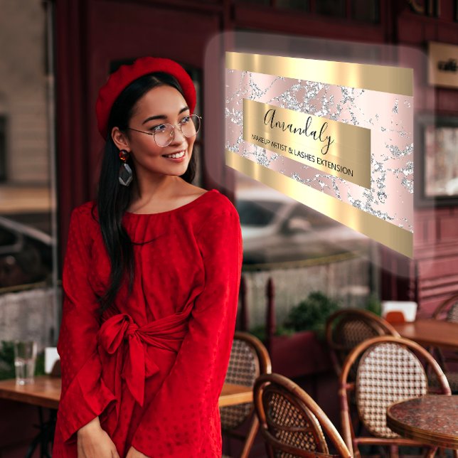 Cartão De Visita Traços de Prata Marble Beauty Compra Rosa VIP (Silver Strokes Marble Beauty Shop Rose VIP Business Card)