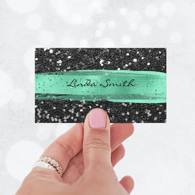 Cartão De Visita Traços do Pincel Verde da Casa da Moeda de Confett (Black Confetti Glitter Mint Green Brush Strokes Business Card)