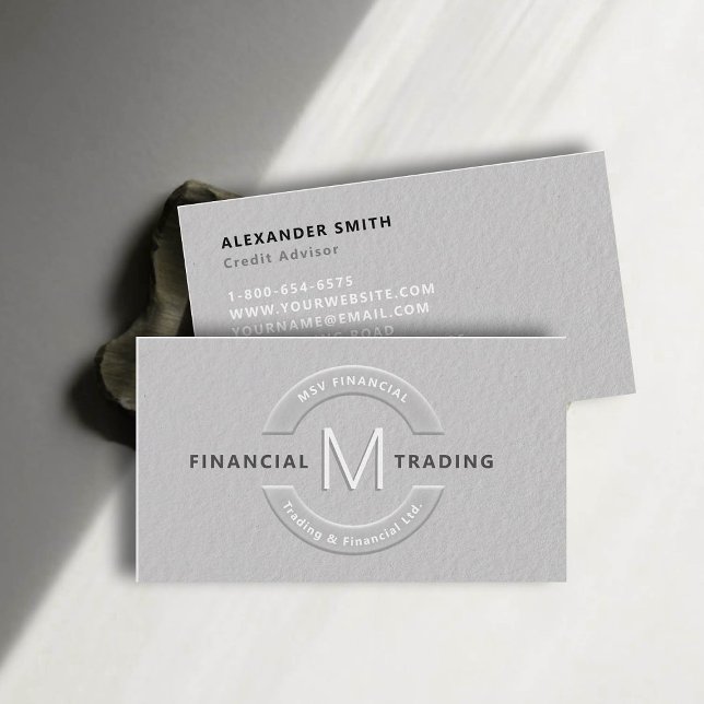 Cartão De Visita Trader Dealer Faux Emboscada Monograma Profissiona (dealer trader financial finance business card faux embossed black white professional sleek monogram)
