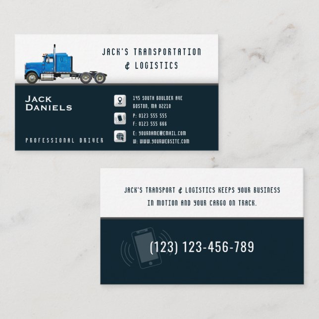 Cartão De Visita Transporte e Logística | Caminhão Azul  (Frente/Verso)