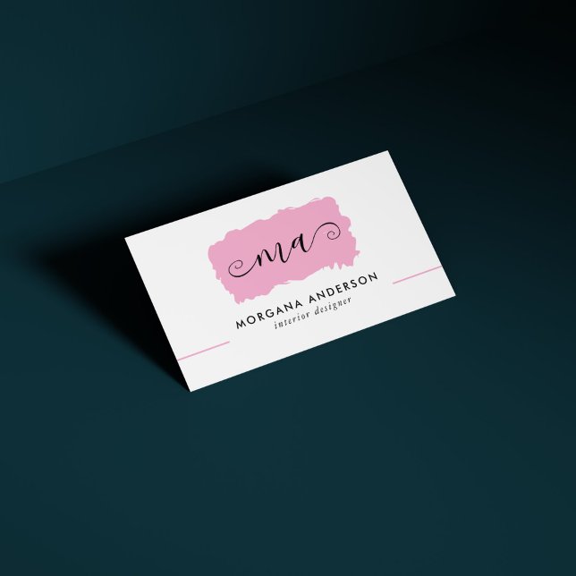 Cartão De Visita Travamento Rosa de Iniciais de Script Mínimo (Minimal Script Initials Pink Brushstroke Business Card)