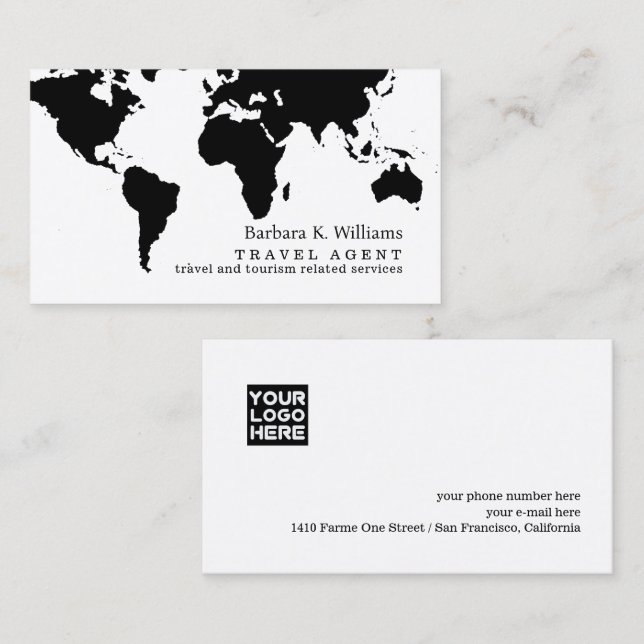 Cartão De Visita Travel Agent Modern Black White Business Card  (Frente/Verso)