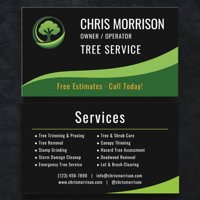 Cartão De Visita Tree Service Arborist Black Green  (Criador carregado)