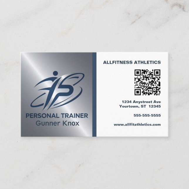Cartão De Visita Treinador de Fitness com Código QR Azul e Prata (Frente)
