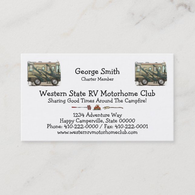 Cartão De Visita Treinador grande bonito Motorhome do campista (Frente)