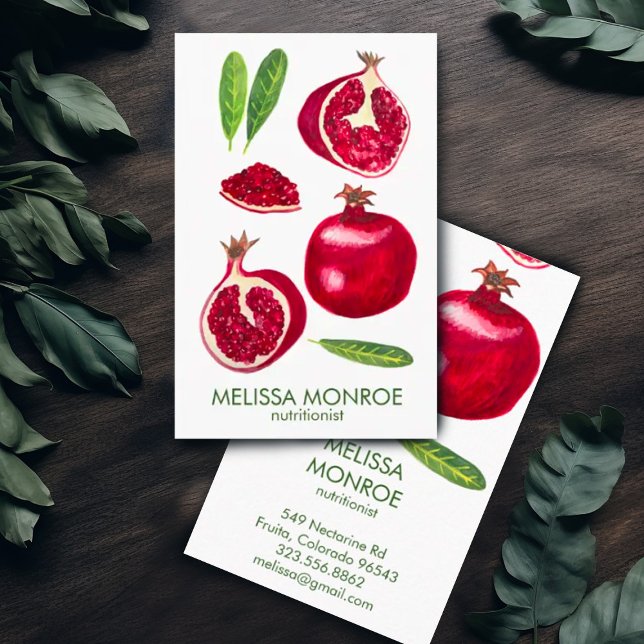 Cartão De Visita Treinador Nutricionista de Chef Pomegranates Fruta (Hand painted watercolor pomegranates decorate this custom business card. Add your own text.)