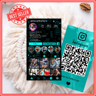 Cartão De Visita Treinador Pessoal Azul Ousado e Preto QR do Instag