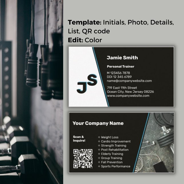 Cartão De Visita Treinador Pessoal Sleek - Destaque Azul de Aço Mod (Modern Steel Blue Accent Sleek Personal Trainer Business Card)