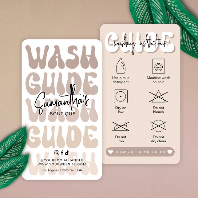 Cartão De Visita Trendy Beige - Instruções de lavagem com retro Car (Modern beige washing instructions cards with space for your boutique details)