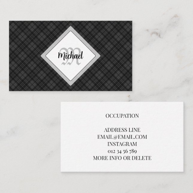 Cartão De Visita Trendy Black White Tartan Personalize Monograma (Frente/Verso)