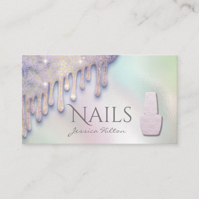 Cartão De Visita Trendy de luxo pingos holográficos salão de unhas (Frente)