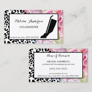Cartão De Visita Trendy Leopard Print Floral Housekeeper e Vacuum