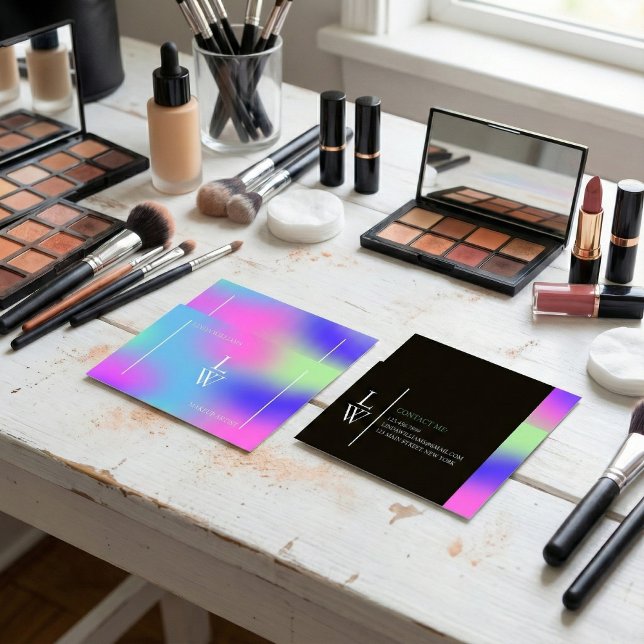 Cartão De Visita Trendy Modern Makeup Artista Gradient Colorful (Makeup Artist Branding – Pastel Holographic Gradient, Modern Monogram, Two-Sided)