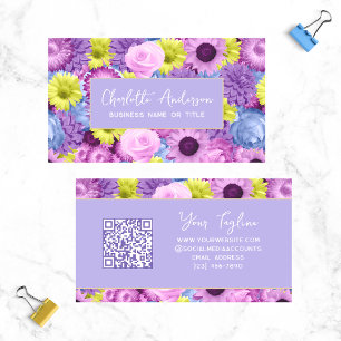 Cartão De Visita Trendy Modern Purple Floral Código QR Botânico