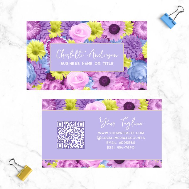 Cartão De Visita Trendy Modern Purple Floral Código QR Botânico (Criador carregado)