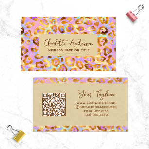 Cartão De Visita Trendy Pastel Modern Dourado Leopard Imprime códig