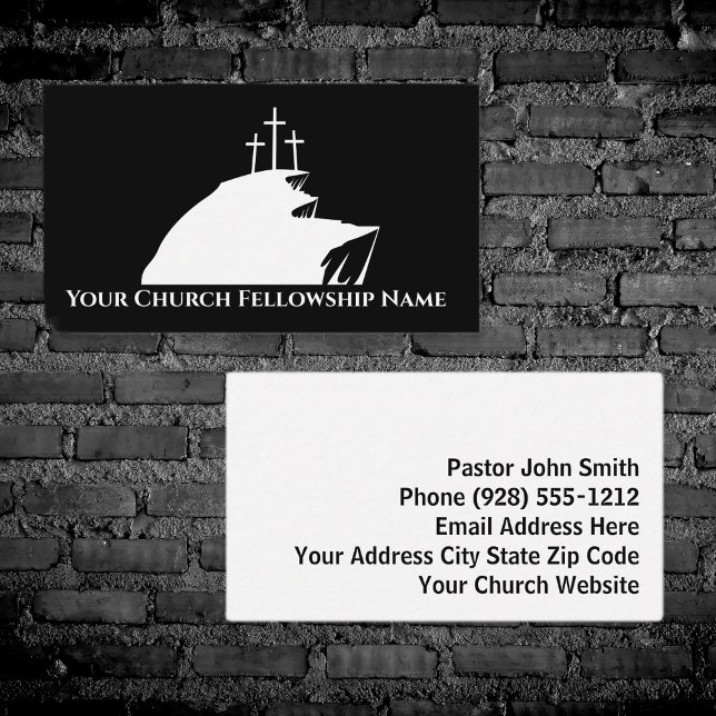 Cartão De Visita Três Cruzes Cliff Preto/Pastor da Igreja Branca (Three Crosses Cliff Black/White Church Pastor Business Card)