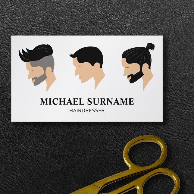 Cartão De Visita Três Estilos de Cabelo Masculinos Desenhando Barbe (Ideal business card for hairdressers and barbers featuring three illustrated men's hairstyles.)