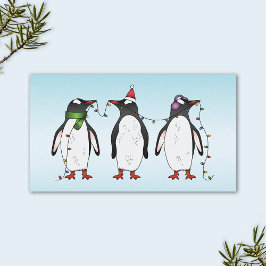 Cartão De Visita Três pinguins natalinos em azul claro