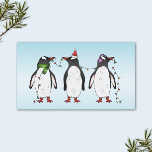 Cartão De Visita Três pinguins natalinos em azul claro