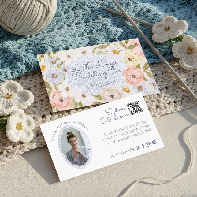 Cartão De Visita Tricô Floral Foto Artisan Crochet Feita à Mão (Floral knitting Handmade Crochet Artisan Photo Business Card)
